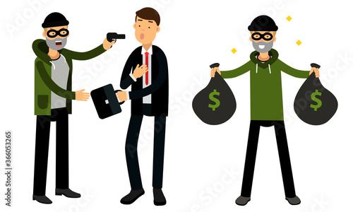Male Burglar or Robber in Black Mask Stealing Money and Suitcase from Bypasser Vector Illustration Set