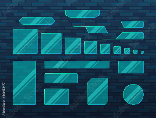 Pixel art game UI set. Set of glass boarders in futuristic style.