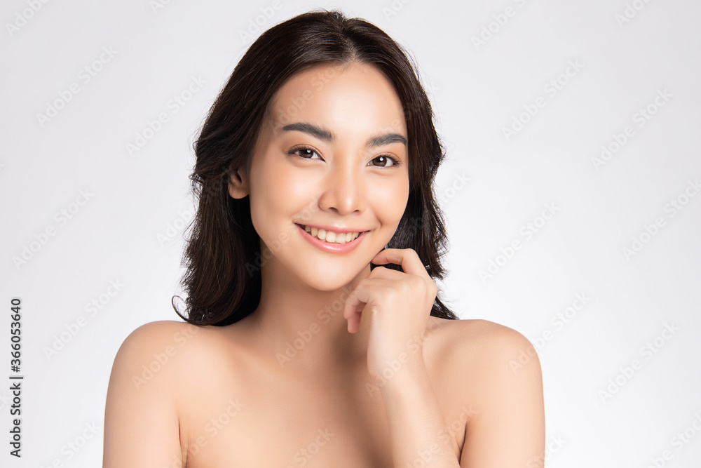 close up Beauty face. Smiling asian woman touching healthy skin portrait. Beautiful happy girl model with fresh glowing hydrated facial skin and natural makeup on white background, close up Beauty face. Smiling asian woman touching healthy skin portrait. Beautiful happy girl model with fresh glowing hydrated facial skin and natural makeup on white background,