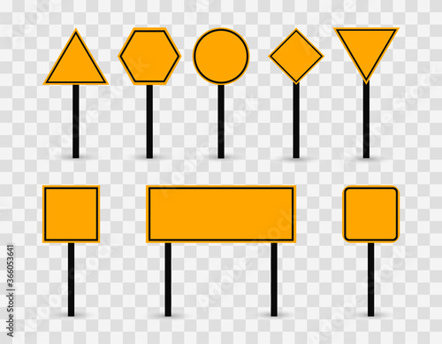 Blank road signs in yellow. Template signs on a transparent background.