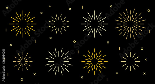 Sparkle star shape art deco fireworks burst pattern collection. Gold star shaped firecracker pattern collection isolated on black background with rays and trails. Carnival celebration fireworks burst