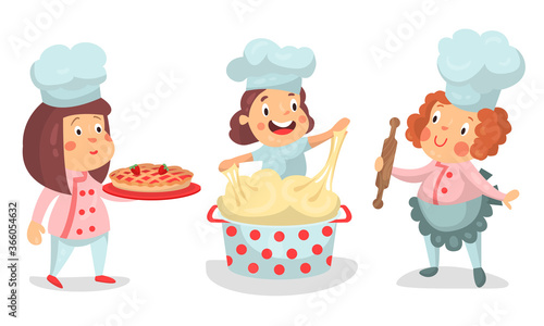 Little Girl Characters in Chef Uniform Kneading and Carrying Pie Vector Illustration Set