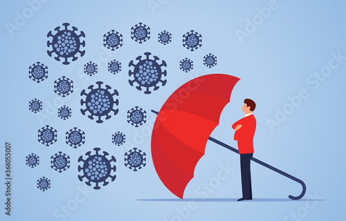 Umbrella protecting merchants immune novel coronavirus pneumonia infection. Vector flat design illustration.