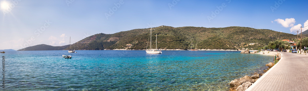 Panoramic photo of Poros bay and Mikros Gialos beach on Lefkada island, Greece