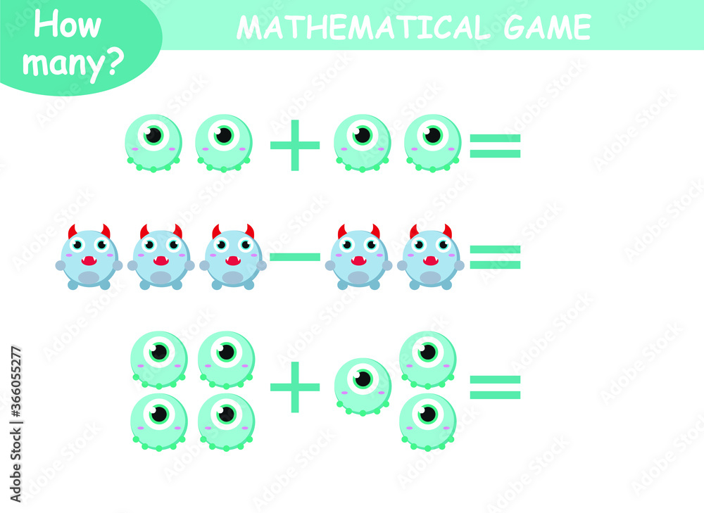 examples of addition and subtraction with cute monsters. educational page with mathematical examples for children. examples of addition and subtraction with cute monsters. educational page with mathematical examples for children.