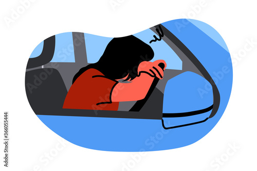 Mental stress, frustration, depression, fatigue, sleep concept. Young unhappy depressed stressful frustrated woman driver character sleeping on steering wheel. Annoyance about stucking in car traffic.