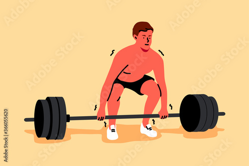 Training, sport, lifting, strength, fitness concept. Young strong man or guy athlete cartoon character preparing to lift barbells with high weight. Active bodybuiling workout or crossfit illustration.