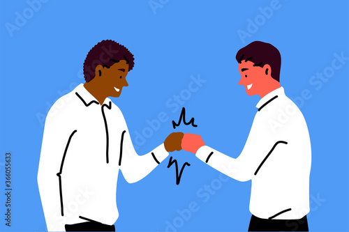 Friendship, greeting, congatulation, success concept. Young happy smiling african american man cartoon character greets old friend congratulating with victory. Goal achievement and friendly meeting.