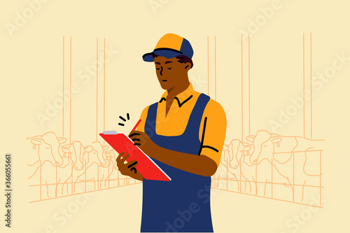 Examination, farming, occupation, work concept. Young african american man guy worker examinating cows cattle on dairy farm with tablet or touchpad. Rural life and working on countryside illustration.