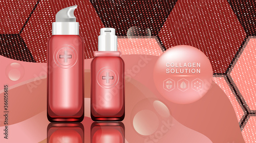 Beauty product ad design, pink cosmetic containers with collagen solution advertising background ready to use, luxury skin care banner, illustration vector.