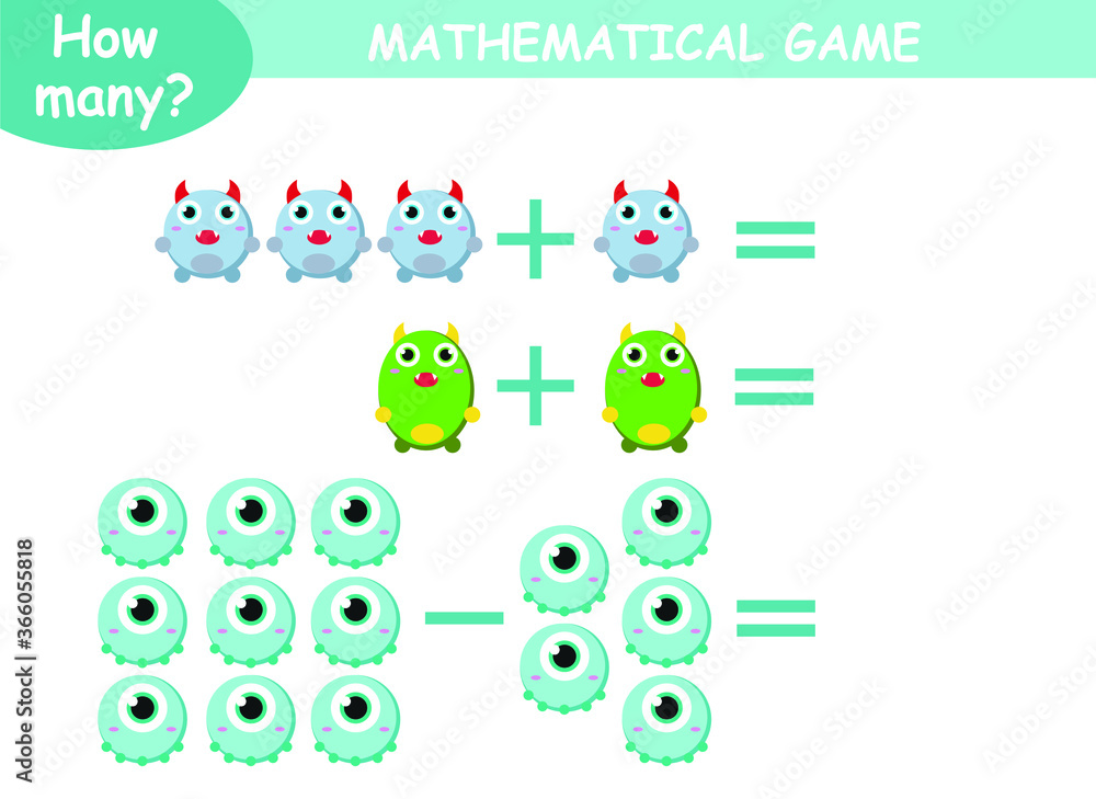 examples of addition and subtraction with cute monsters. educational page with mathematical examples for children. examples of addition and subtraction with cute monsters. educational page with mathematical examples for children.