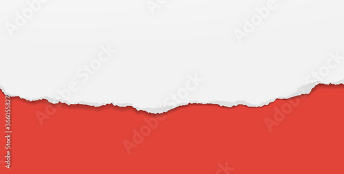 Piece of torn white paper with soft shadow stuck on red background. Vector illustration