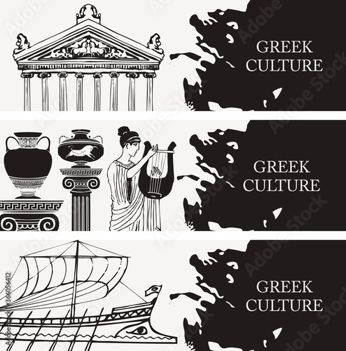 Set of three travel banners on the theme of Ancient Greece with pencil drawings of Greek attractions. Vector black and white illustrations with the inscription Greek culture.
