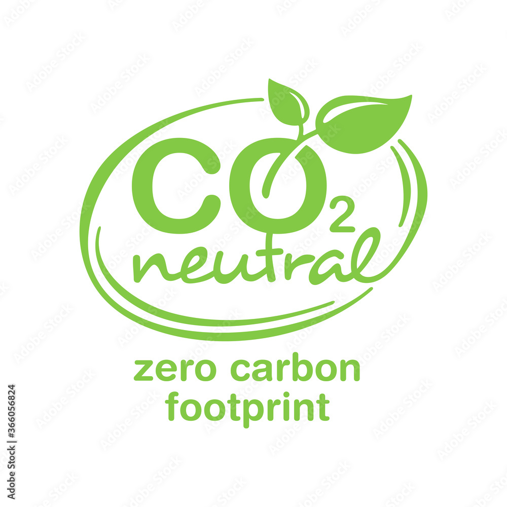 CO2 neutral (zero footprint) stamp - carbon emissions free (no air atmosphere pollution) industrial production eco-friendly isolated sign