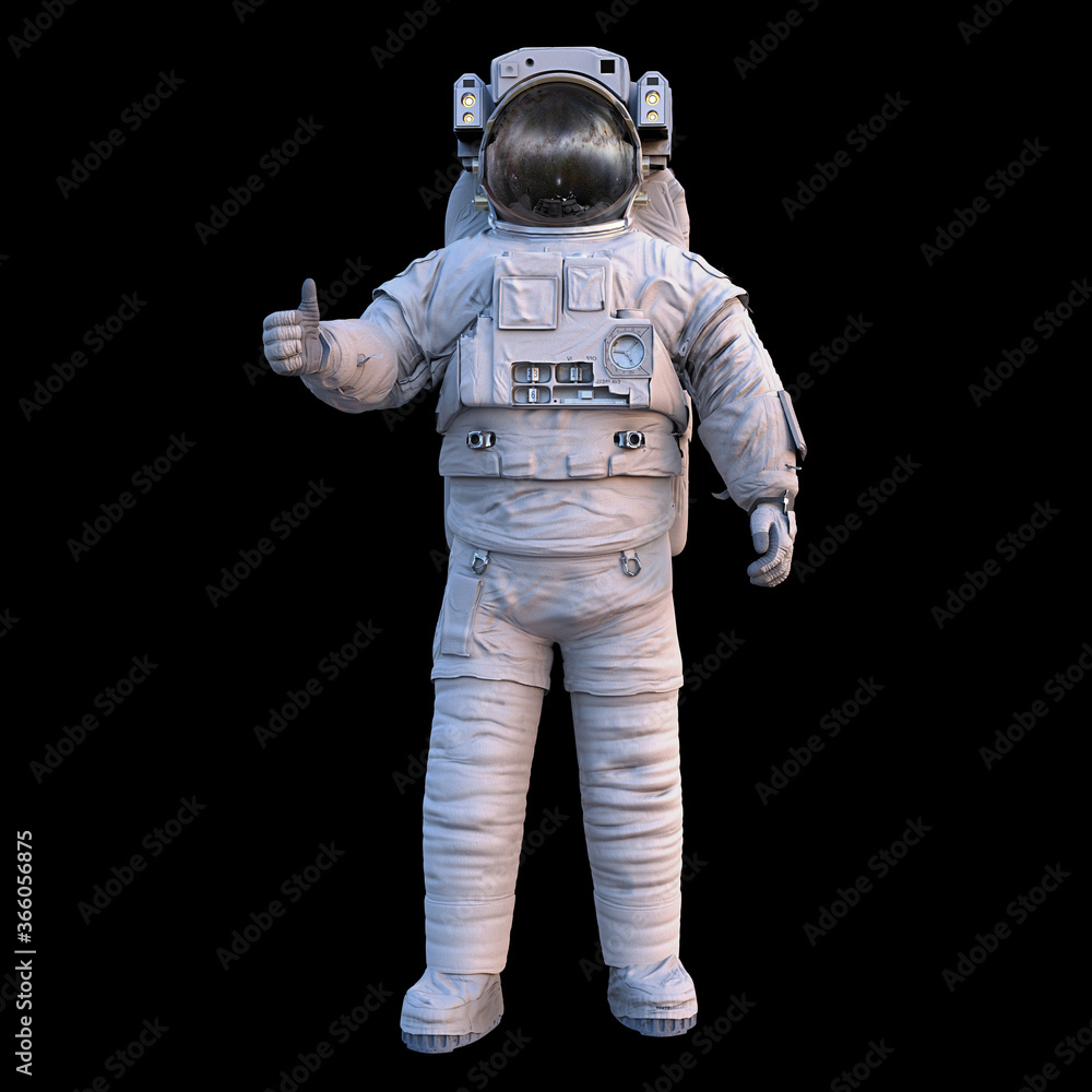 astronaut showing thumbs up, standing spaceman isolated on black background 
