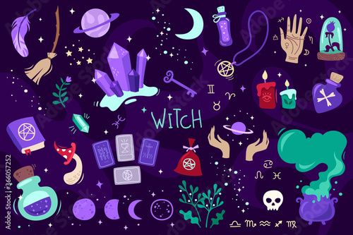 Colorful magic set of witch attributes. Tarot cards, potions and poisons, planets, moon phases, astrology symbols, witch's cauldron. Vector cartoon mystical collection. Hand drawn stickers. Halloween