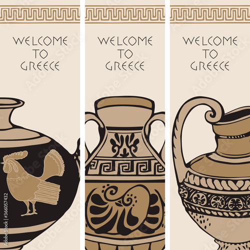 Set of three travel banners on the theme of Ancient Greece with hand-drawn Greek antique amphorae. Vector illustrations with greek ornament, sketches and inscriptions Welcome to Greece