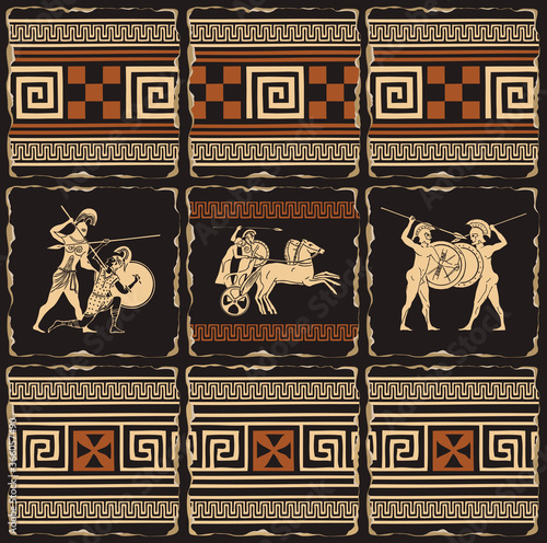 Decorative banner on a theme of Ancient Greece in form of a set of stone, clay or ceramic tiles. Vector illustrations with Greek ornaments and ancient Greek soldiers with shields, spears, in a chariot