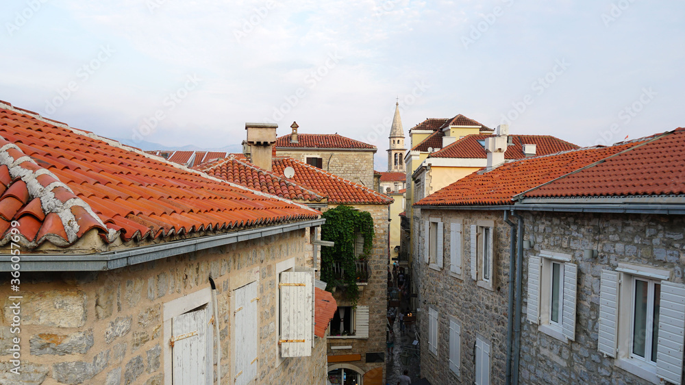 Houses with red tiled roofs, Montenegro, Terracotta tiles on the roof.