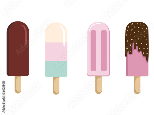 Juicy ice cream, bright frozen popsicle; vector illustration set