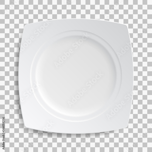 White dish plate isolated on transparent background. Kitchen dishes for food, kitchen, porcelain dishware. Vector illustration for your product, tableware design element.