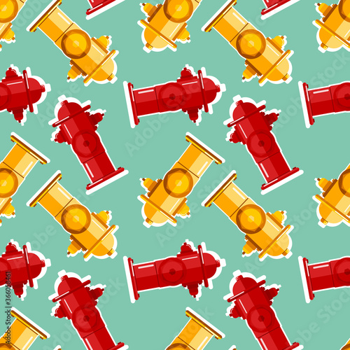 Seamless pattern of red and yellow water fire hydrant isolated on light blue background. Vector stock illustration.