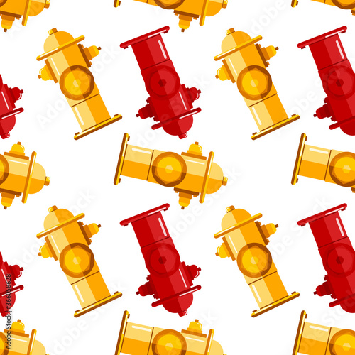 Seamless pattern of red and yellow water fire hydrant isolated on white background. Vector stock illustration.