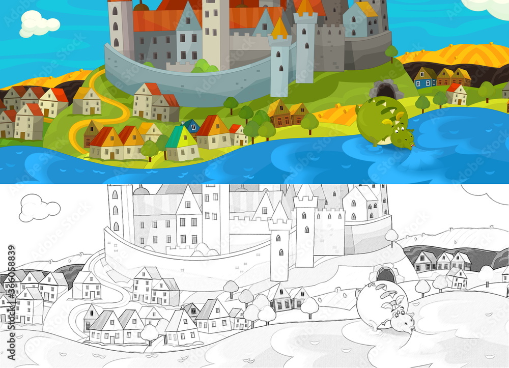 cartoon scene with sketch with medieval castle near the river - illustration