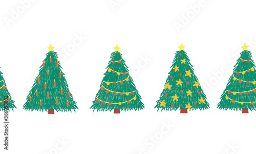 Christmas trees seamless repeating border. Hand drawn decorative Winter holiday design for Christmas decoration, banners, ribbons, greeting cards, digital scrapbooking, footer, header, divider