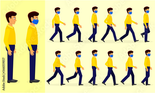Walk cycle of man in side view wearing a mask