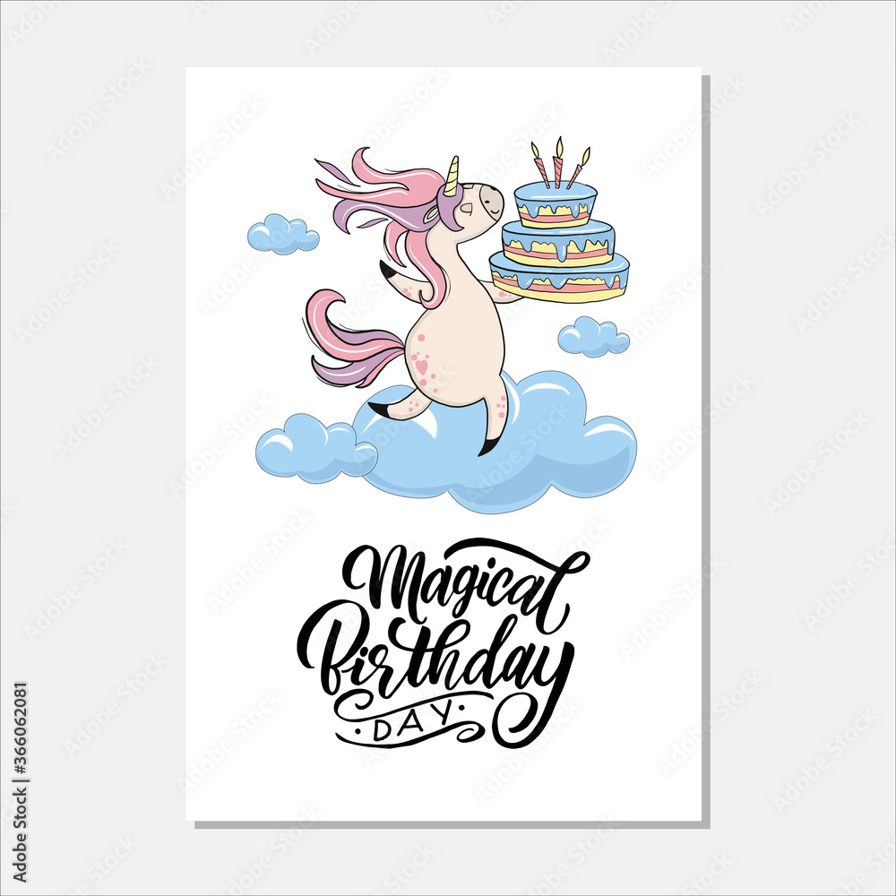 Magical Birthday Day Lettering and unicorn illustration made in vector. Magical Birthday Day Lettering and unicorn illustration made in vector.