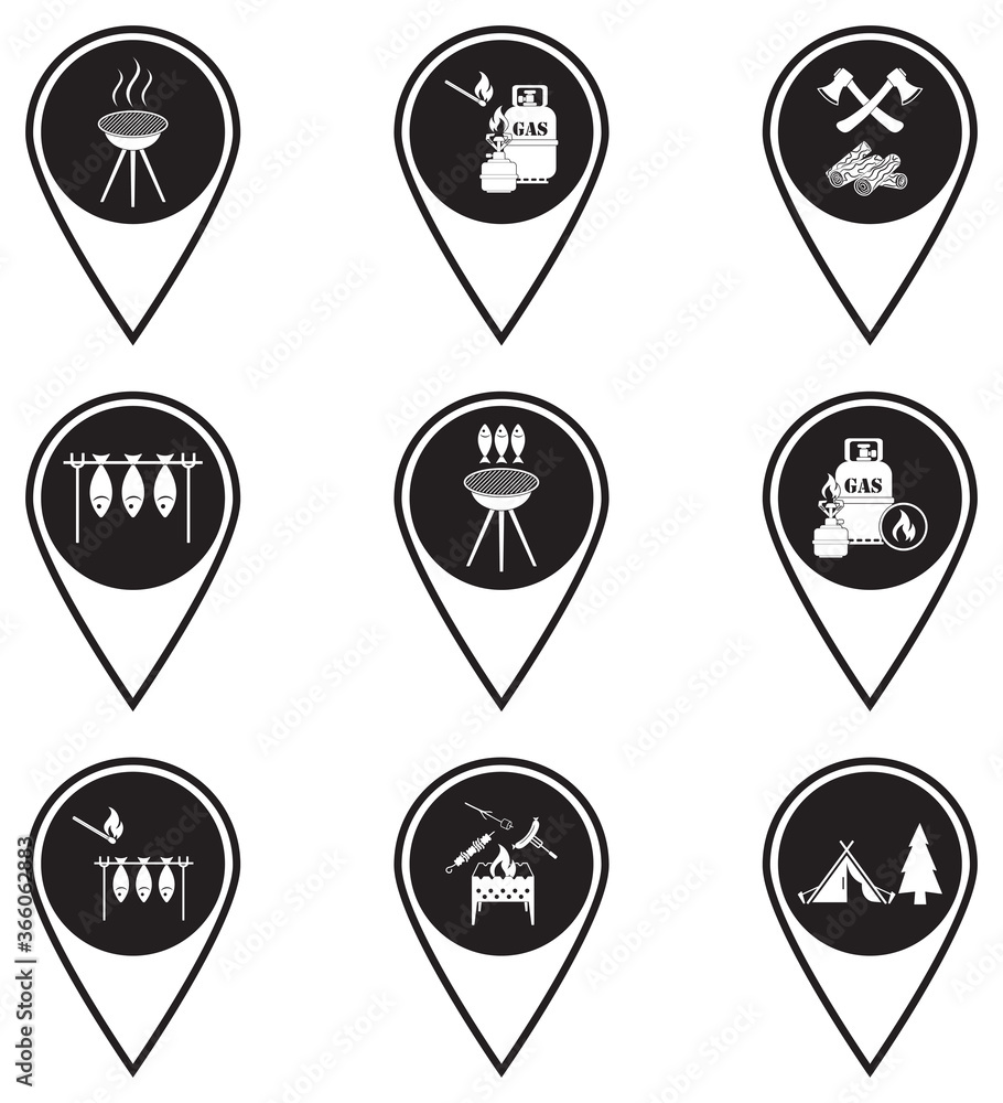 Set of map pointers with travel and camping equipment icons Set of map pointers with travel and camping equipment icons
