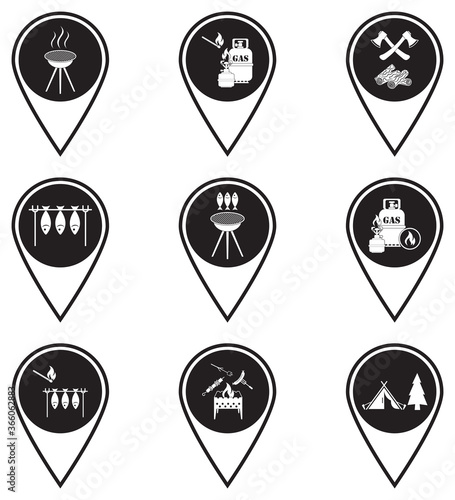 Set of map pointers with travel and camping equipment icons