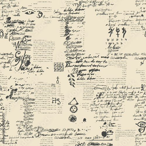 Seamless pattern with unreadable scribbles imitating handwritten text on the old newspaper page with ink blots. Vector abstract repeating background. Suitable for wallpaper, wrapping paper, fabric