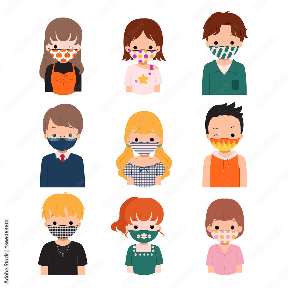 Collection of female and male avatar using a pattern cloth face masks. New normal lifestyle fashion. Flat style vector isolated on white background Collection of female and male avatar using a pattern cloth face masks. New normal lifestyle fashion. Flat style vector isolated on white background