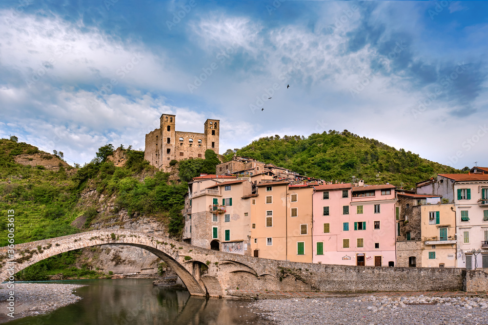 Dolceacqua in Ventimiglia, Imperia district, Liguria (Italy). Medieval Castle in Liguria Riviera, Castello dei Doria, Old Bridge, Historical Castle.