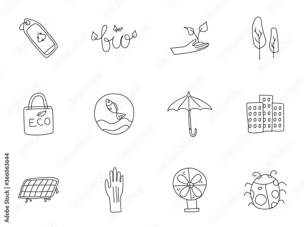Fototapeta premium ecology doodles isolated on white. eco hand drawn icon set for web design, user interface, mobile apps and print