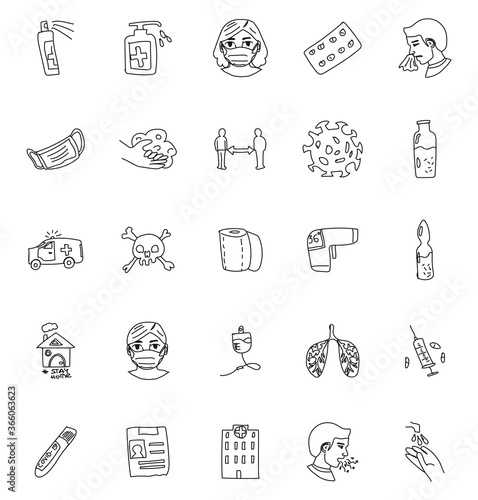 coronavirus hand drawn linear vector icons isolated on white background. covid-19 coronavirus doodles for web and ui design, mobile apps and print products