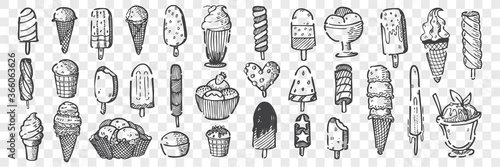 Hand drawn ice cream doodle set.