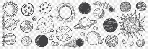 Hand drawn planets doodle set.