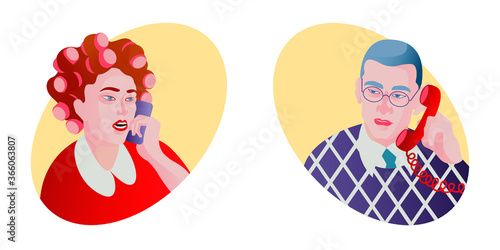 Woman, man, telephone conversation, communication, vector, flat illustration