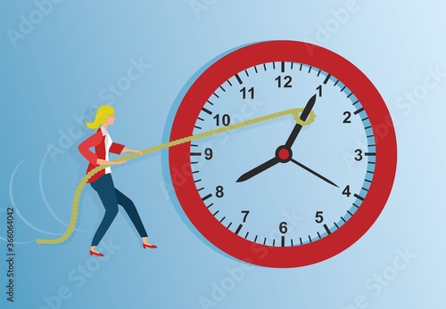 Pull back time. Women tries to drag klock backwards. Vector illustration.