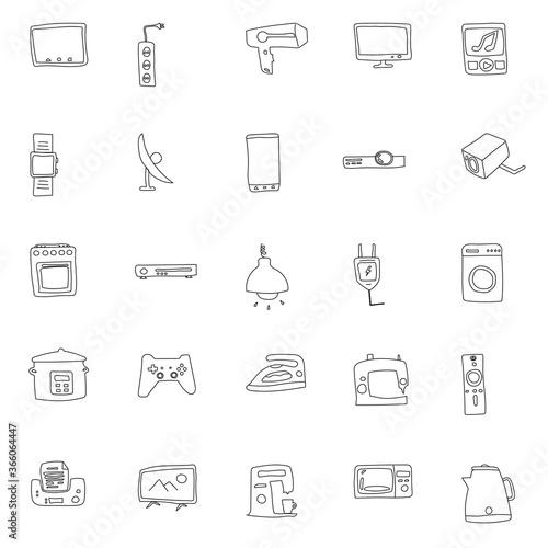 home appliances hand drawn linear vector icons isolated on white background. electronics icon set for web and ui design, mobile apps and print products