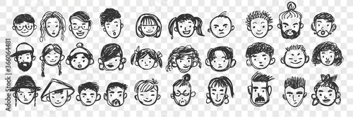 Hand drawn human faces doodle set