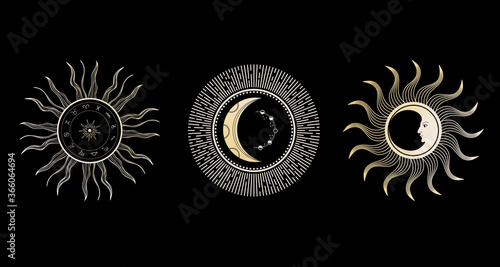 Sun, stars and crescent. Moon face. Vintage illustrations.