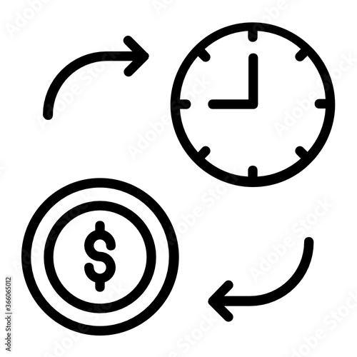 Ratio between time and money concept, clock with rotating arrows vector icon design, Trade and barter Symbol on White background 