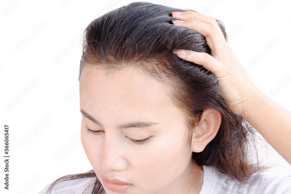 Woman serious hair loss problem for health care shampoo and beauty product concept, selective focus Woman serious hair loss problem for health care shampoo and beauty product concept, selective focus