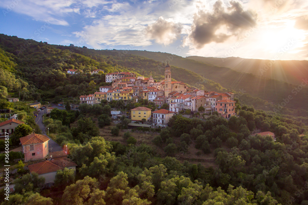 Obraz premium Village of Boscomare, fraction of Pietrabruna. Valley of San Lorenzo, District of Imperia, Liguria (Italy). Mediterranean. Olives cultivation.