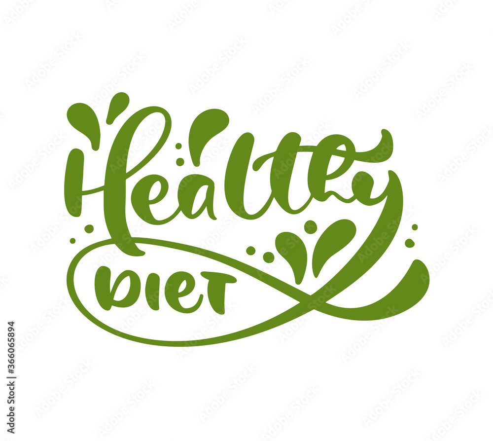 Healthy diet hand drawn vector motivation poster or banner with green calligraphy lettering phrase. Trendy brush text for fruits and vegetables shops, cafe or restaurant Healthy diet hand drawn vector motivation poster or banner with green calligraphy lettering phrase. Trendy brush text for fruits and vegetables shops, cafe or restaurant