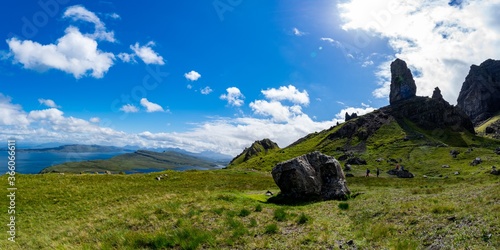 Old Man of Storr on Isle of Skye panoramic picture with walkers on the path during sunny day with intermittent clouds. 